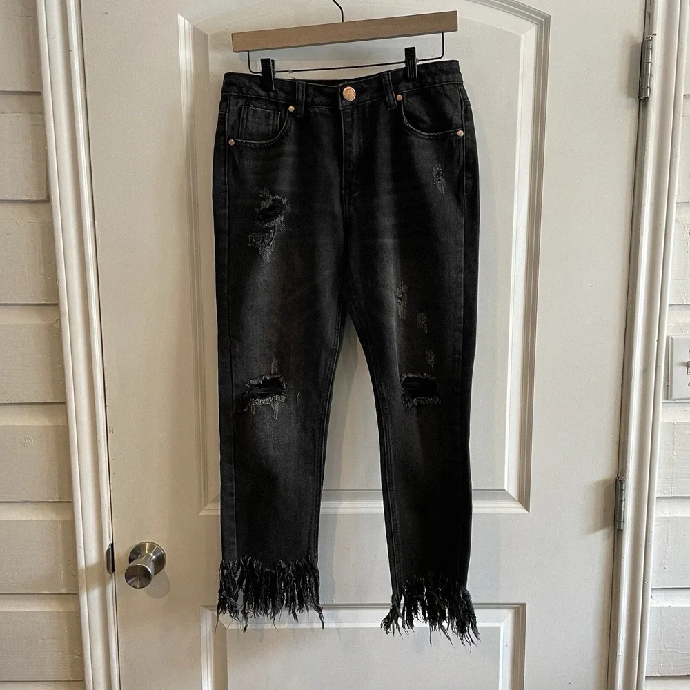 Signature8 Womens Black Jeans Medium Distressed Frayed Fringe Hem‎